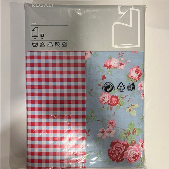 VINTAGE IKEA Rosali BLUE & PINK ROSES Gingham Checks Twin Duvet Cover